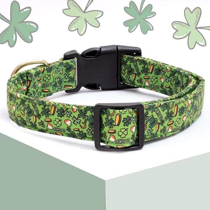 Faygarsle St Patrick's Day Dog Collar Cute Holiday Collar for Small Medium Large Dogs Green Trefoil Print Lucky Straw Cotton Dog Collar M