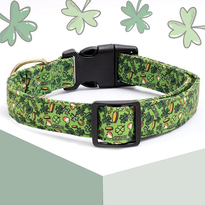 Faygarsle St Patrick's Day Dog Collar Cute Holiday Collar for Small Medium Large Dogs Green Trefoil Print Lucky Straw Cotton Dog Collar L