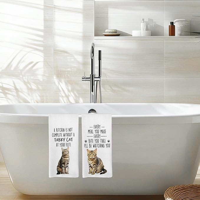 Funny Tabby Cat Kitchen Towels, Tabby Cat Mom Lady Lovers Gifts for Women Hand Towels, Pet Lover Gifts Dishcloths Dish Towel for Kitchen 16x24 Inches Set of 2