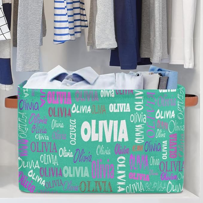 Custom Storage Baskets Named, Personalized Storage Bins Basket Boxes PU Leather Handles for Clothes Bedroom Closet Organizing Toys Books Shelves, Light Sea Green Color