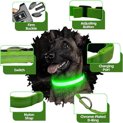 Light Up Dog Collar – Reflective, Adjustable & Rechargeable Electronic Glow Pet Collars – Bright, Comfortable, High Visibility LED Dog Collar for Night Safety, Outdoor Walk, Flashing Fun, Green, Large
