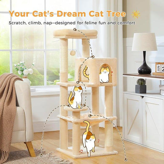 MUTTROS Cat Tree for Indoor Cats, 44.5" Multi-Level Cat Tower with Large Metal Frame Hammock, Cat Condo with 2 Scratching Posts and Top Perch for Small to Medium Cats, Beige