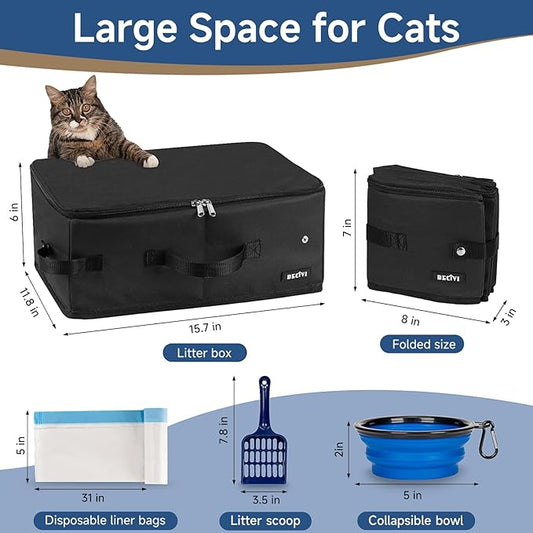 Portable Cat Travel Litter Box with Lid and 10 Pcs Disposable Liner Bags, Leak-Proof & Collapsible, Easy Clean Odor-Control Cat Travel Essentials for Car, Hotel, Airplane, Camping,Trips Black