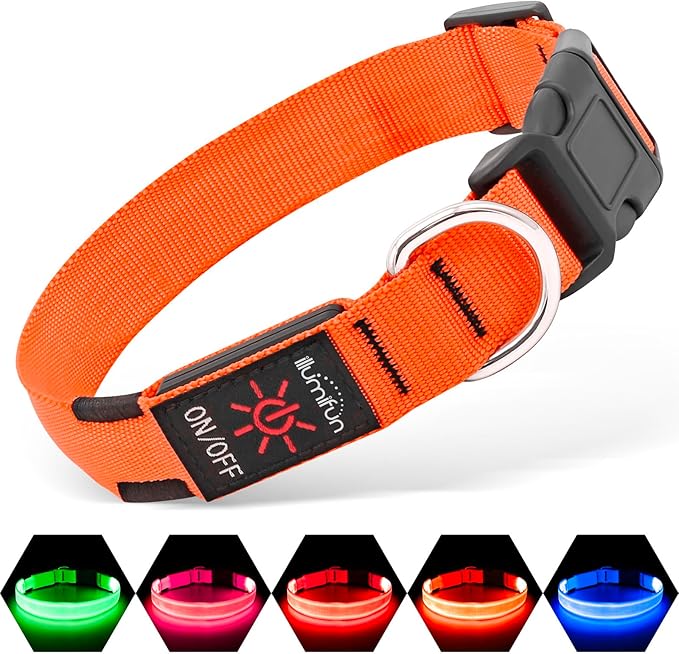 Illumifun Light Up Collar for Dogs, USB Rechargeable LED Dog Collar, Adjustable Safety Collar Light for Walking at Night (Orange, Large)