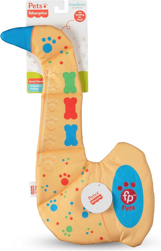 Fisher-Price for Pets SaxBone Rip and Reveal Dog Toy, Flattie Style with No Stuffing, Stuffing-Free with Bonus Toy Inside