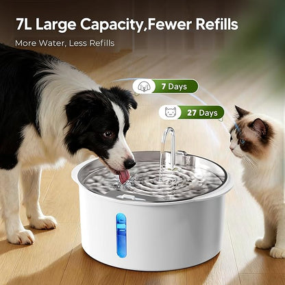 Pektaco Dog Water Fountain for Large Dogs, 1.8Gal/7L Pet Water Fountain, Dog Water Bowl Dispenser with Viewing Window & LED, Super Quiet, Stainless Steel Tray Easy Clean BPA-Free(with 6 Filters)