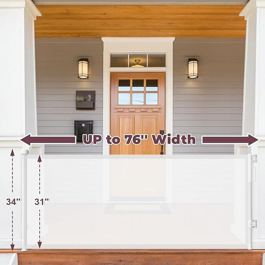 76" Retractable Baby Gates Extra Wide, Mesh Long Dog Gate for Wide Openings, Indoor Outdoor Stair Gate for Doorways Hallways Deck Porch, Child Pet Safety Essentials for Home, White