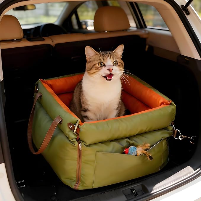 Garvee Dog Booster Car Seat, Waterproof PU Leather Upholstered Cat Bed for Car with Storage Pockets Portable Pet Seat, Bite-Resistant Pet Carrier Bag for Travel and Home, Green