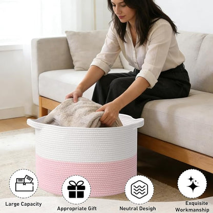 90L Large Blanket Basket,21.7"L x 21.7"W x 13.8"H Rope Woven Baskets with Handles, Toys Storage Bins,Laundry Basket Perfect for Living Room, Nursery,Bedroom,Home Organization,White&Pink