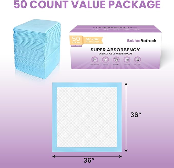 50 Count Super Absorbency 2XL 36” x 36" Disposable Underpads, Leakproof Quick Drying for Multi-use for Babies, Puppy Pads and Adults, Chucks, Disposable Diaper Changing Pad for Baby, Blue XXL