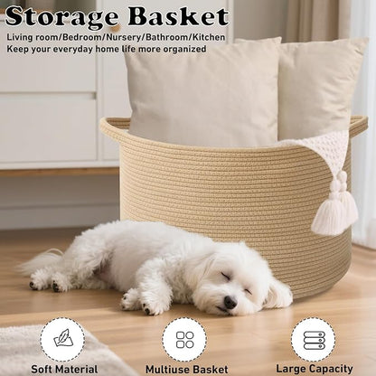 115L Large Blanket Basket,23.6" L x 23.6" W x 15.7" H Rope Woven Baskets with Handles, Toys Storage Bins,Laundry Basket Perfect for Living Room, Nursery,Bedroom,Home Organization,Camel