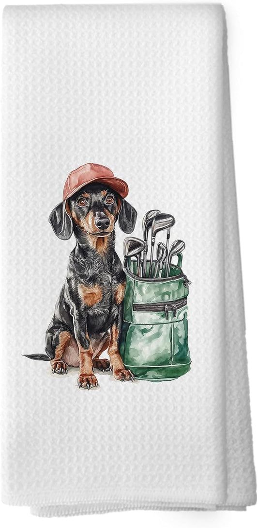 Golf Dog Kitchen Towels - Dachshund Dish Towels, Sports Gifts, Pet Golf Club Decorative Absorbent Dishcloths Hand Towels for Kitchen Gym Spa Decor 16x24 Inches