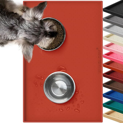 VIVAGLORY Dog Bowl Mat Grippymat Pet Food Mat, Waterproof Washable Nonslip Silicone for Pet & Cat, Food and Water Placemat with Lip & Raised Edges for Indoor Floor, S, Orange