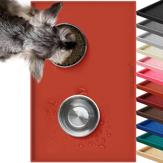 VIVAGLORY Dog Bowl Mat Grippymat Pet Food Mat, Waterproof Washable Nonslip Silicone for Pet & Cat, Food and Water Placemat with Lip & Raised Edges for Indoor Floor, S, Orange