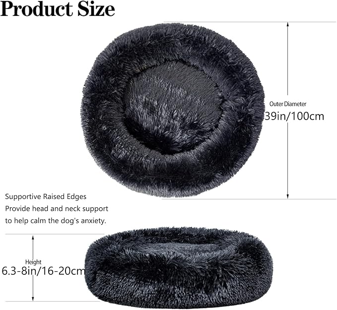 Calming Dog Bed for Big Dogs, 39'' Round Anti-Anxiety Warm Fluffy Plush Faux Fur Bed, Soft Anti-Slip Donut Washable Big Pet Bed, Cozy Big Dogs Bed, Fits up to 100 lbs Pets