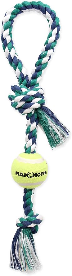 Mammoth Flossy Chews Color 3 Knot Tug with Tennis Ball Premium Cotton-Poly Tug Toy for Dogs Interactive Dog Tug Toy Rope Dog Toy with Tennis Ball for Small to Medium Dogs Medium 20" - Assorted Colors