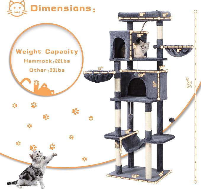 Letkind 70-Inch Cat Tree,Large Cat Tree Tower with Hammock, Scratching Post, Condo and Multi-Level Cat Tower for Large Cats, Cat Activity Center Playhouse, Dark Gray LCT016