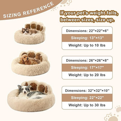 Jiupety Paw Shape Calming Pet Bed, Plush Faux Fur Donut Bed for Dogs & Cats, Machine Washable, Non-Slip Bottom, Medium (22"×22"×6"), Camel