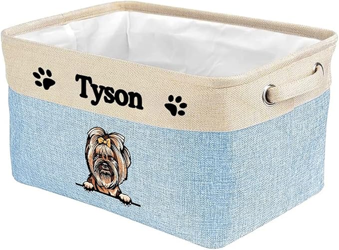 Personalized Foldable Storage Basket with Lovely Dog Yorkie Collapsible Sturdy Fabric Pet Toys Storage Bin Cube with Handles for Organizing Shelf Home Closet, Blue amd White