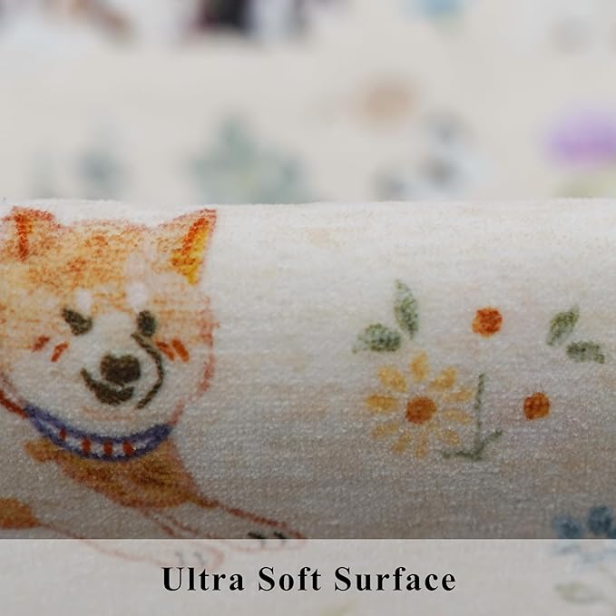4x8 Washable Kitchen Animal Rug: Cute Dog Printed Rugs with Non-Slip Rubber Backing Soft Floral Carpet for Bedroom Nursery Low-Pile Floor Mat for Entryway Living Room Dining Room(4x8,Beige/Dog