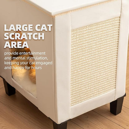 Cat House for Indoor Cats Condo,Cat Furniture with Large Area Scratch Pad，Leather Cat Bed Side Table & Nightstand for Living Room and Bedroom Decoration,White