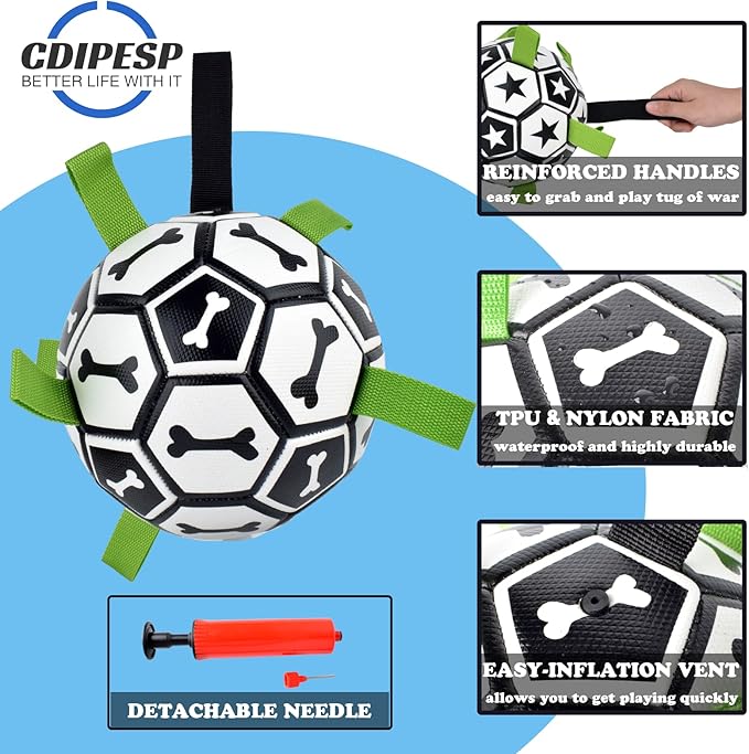 Dog Soccer Ball Indestructible for Tug of War Dog Yard Toys Herding Ball for Dogs Bone Pattern Interactive Toys for Dogs(Black) (Bone)