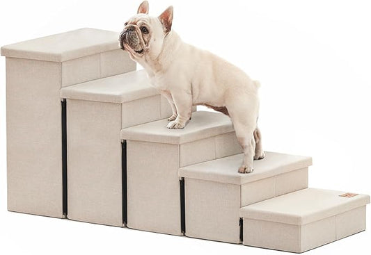 Love's cabin Dog Stairs for High Bed 22" H, Foldable Pet Stairs for Small Medium or Large Dogs Puppy with Storage for Bed or Couch, Cat Dog Steps Ramp with Zip up to 200 lbs, Beige, 5 Steps