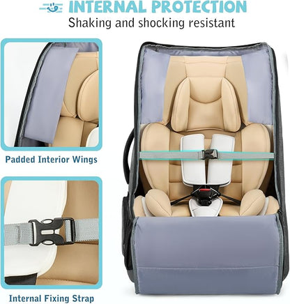 RAINSMORE Car Seat Travel Bag for Airplane Padded Carseat Backpack Heavy-duty Car Seat Cover for Air Travel Infant Car Seat Carrier Bag with Shoulder & Waist Strap, Fits Most Car Seat & Booster Seats
