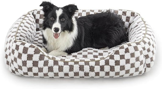 JOEJOY Dog Bed for Large Medium Small Dogs - Rectangle Orthopedic Dog Sofa Bed, Cute Modern Puppy Bed with Jacquard Shaggy Plush & Anti Slip Bottom, 30x24x9inches, Cofffee