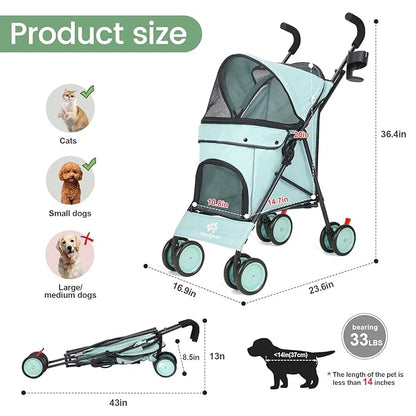 Umbrella Dog Stroller, Foldable Pet Stroller for Small Dogs Cats, 4 Wheels Pet Strolling Cart with Carrying Strap and Cup Holder, Breathable and Visible Mesh, Dog Poop Bags & Dispenser (Tealblue)