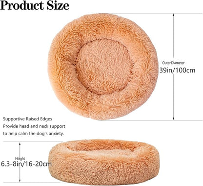 Calming Dog Bed for Big Dogs, 39'' Round Anti-Anxiety Warm Fluffy Plush Faux Fur Bed, Soft Anti-Slip Donut Washable Big Pet Bed, Cozy Big Dogs Bed, Fits up to 100 lbs Pets