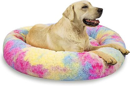 Calming Dog Bed for Big Dogs, 39'' Round Anti-Anxiety Warm Fluffy Plush Faux Fur Bed, Soft Anti-Slip Donut Washable Big Pet Bed, Cozy Big Dogs Bed, Fits up to 100 lbs Pets