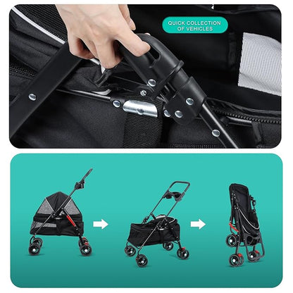 4 Wheels Pet Stroller for Medium Small Dog up to 50lbs, Dog Cat Stroller, Outdoor Travel Pet Folding Strollers, Cat Cage Strollers with Cup Holder, Breathable and Visible Mesh 1 Set