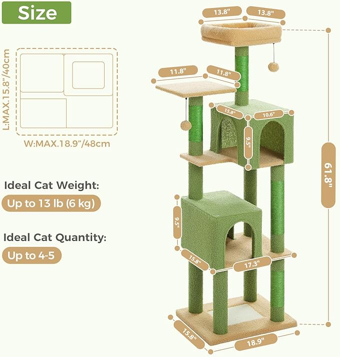 MUTTROS 62" Cat Tree for Indoor Cats, Multi-Level Cat Tower for Large Cats with Scratching Posts, 2 Spacious Plush Condos, Padded Perch, Soft Cat Bed, Scratching Pad & 2 Pompoms, Green