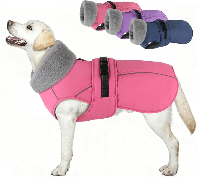 PETDSH Dog Coat Large, Windproof Dog Jacket with Warm Fleece Lining, Thickened Collar Dogs Winter Coat,Adjustable Reflective Pet Coats for Cold Weather (Pink, XX-Large)
