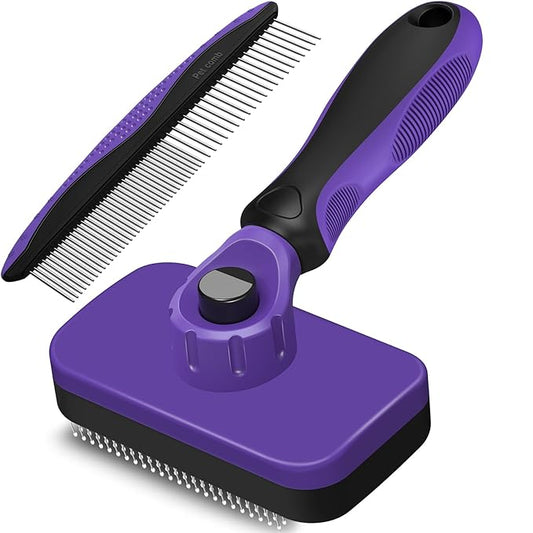 2PCS Self Cleaning Slicker Brush & Dog Comb - Skin Friendly Deshedding Grooming Tool for Dogs, Cats and Small Animals, Professional Deshedding Dematting Tool for Long and Short Haired Pets (Purple)