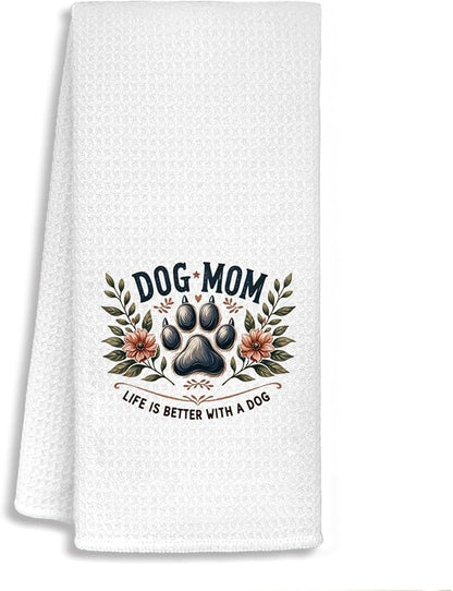 Dog Mom Bathroom Towels, Dog Mom Lovers Owner Gifts for Women Dish Tea Towels, Pet Lover Gifts, Floral Puppy Paws Decorative Hand Towels for Kitchen Bathroom Decor, 16x24 Inch