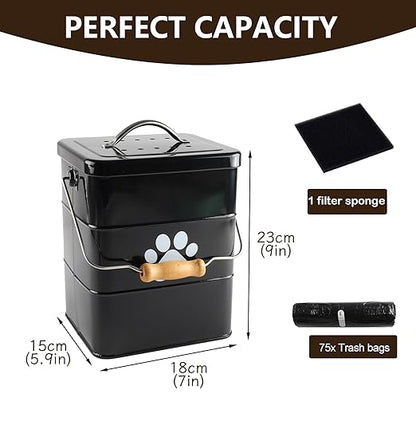 Small Dog Poop Trash Can Outside,1.5Gal/6L Metal Dog Waste Trash Can with Lid/Filter/Handle,Pet Waste Container Bucket with 75 Trash Bags-Black