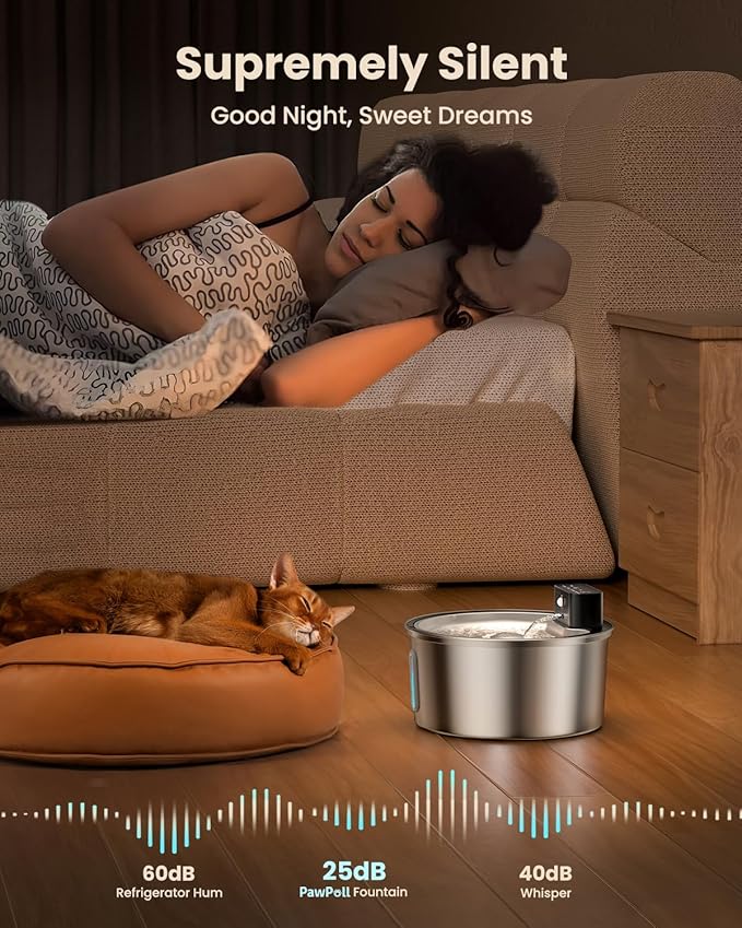 PawPoll Wireless Cat Water Fountain Stainless Steel - 3.2L/108oz Cordless Pet Water Fountain Battery Operated Cats Water Dispenser Silent Rechargeable Automatic Fountain with 6 Filters 3 Sponges