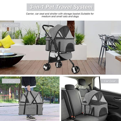 BestPet 3-Wheels Pet Stroller - Dog & Cat Premium 3-in-1 Multifunction Detachable Carrier Lightweight Folding Travel Stroller, Grey