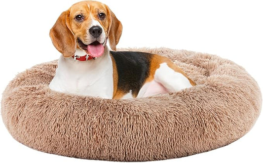 DUMOS 30.7x30.7 Inch Calming Donut Dog Beds for Large Dogs, Machine Washable Cuddler Warming Cozy Fluffy Faux Fur Plush Round Pet Bed, Anti-Slip Bed for Indoor Dogs and Cats, Brown