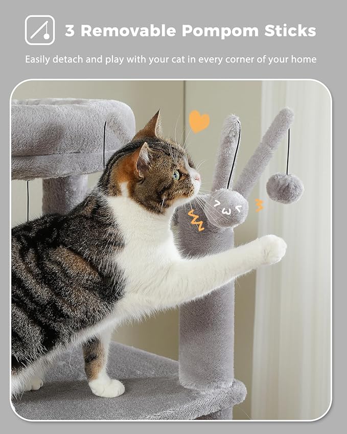 MUTTROS Cat Tree for Large Cats, 59-inch Tall Cat Tower with 3 Removable Pompom Sticks, Condo, Large Hammock, Scratching Post & 2 Perches, Grey