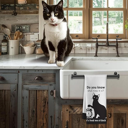Cat Kitchen Towels - Funny Feeding Time Quick-Dry Implied Message Art Hand Towel, Decorative Dish Towel with Whimsical 'Meal O'Clock' Motif for Feline Ladies & Pet Parents | Crazy Cat Lady Gifts