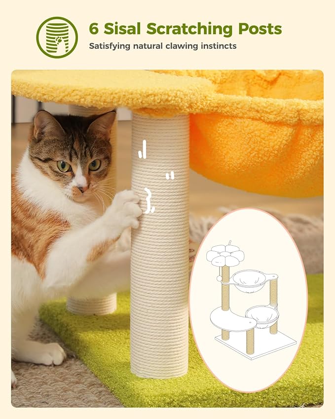 MUTTROS Flower Cat Tree with 2 Large Hammocks, 37.4" Small Cat Tower for Indoor Kitty with 6 Scratching Posts, Cute Cat Tree with Flower Top Perch, Yellow