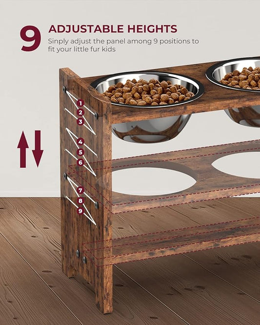 Vantic Elevated Dog Bowls, Adjustable Raised Dog Bowl Stand for Large and XLarge Pet, Sturdy Particle Board Food Feeder with 2 Stainless Steel Dishes, Rustic Brown