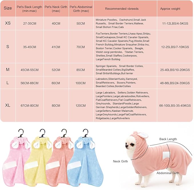 Pet Bathrobe Towel Dog Cat Drying Coat Super Absorbent Cute Dogs Bath Towel Hooded Robe Adjustable Collar & Belly Strap for XSmall to XLarge Pets (Coralpink, Medium)