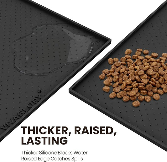 VIVAGLORY Dog Bowl Mat Grippymat Pet Food Mat, Waterproof Washable Nonslip Silicone for Pet & Cat, Food and Water Placemat with Lip & Raised Edges for Indoor Floor, S, Black