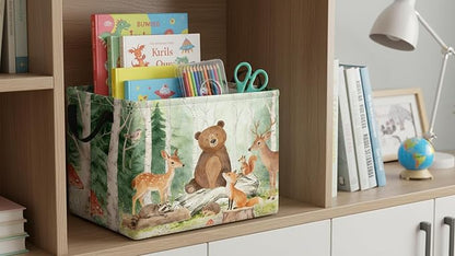CLOCOR Rectangular Storage Basket,Collapsible Cute Pattern Storage Bin,Waterproof Books Box with Handles,Gift Basket(Forest Animals)