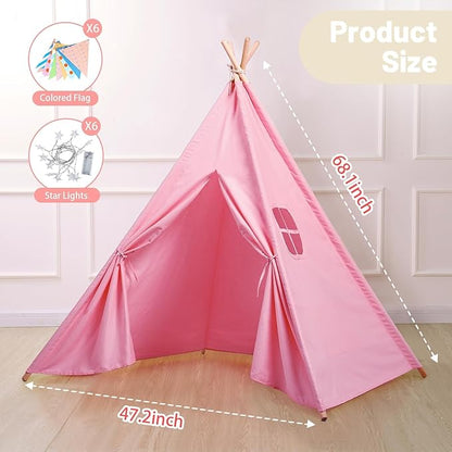 Wilwolfer 6 Pack Teepee Tent for Kids, Foldable Indoor Play Sleepover Tent with Star Lights for Girls Party, Portable Toddler Slumber Party Tents Gift, Pink