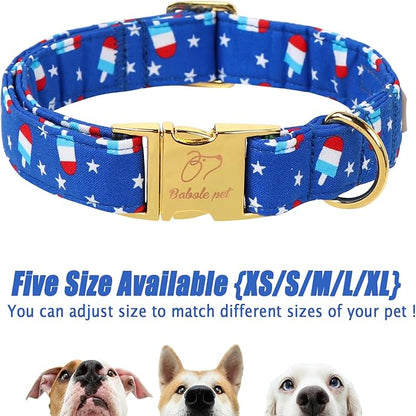 4th of July Dog Collar, Blue Flag Popsicle Patriotic Pet Collar with Metal Buckel, Adjustable Summer Holiday Dog Collars for Small Medium Large Dogs S